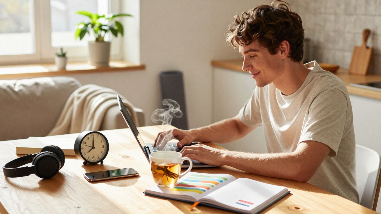 Homem jovem a trabalhar num portátil numa mesa com chá, livros, relógio, auriculares e telemóvel.