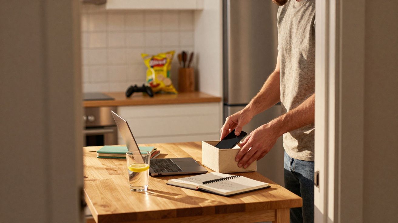 Homem recolhe telemóvel numa caixa, ao lado de computador portátil, caderno e copo com água e limão numa cozinha.