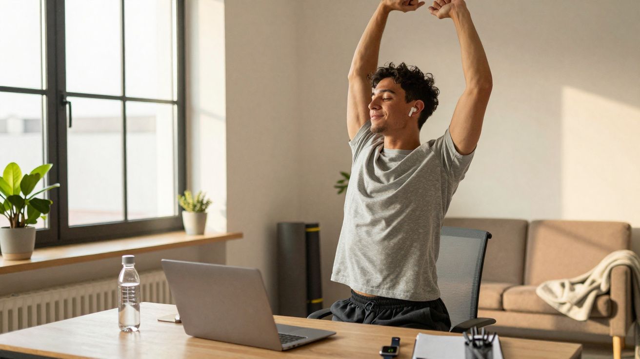 Homem a alongar-se sentado numa cadeira junto a secretária com laptop em ambiente iluminado por janela.