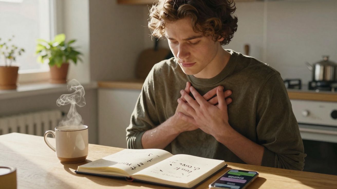 Jovem sentado à mesa com mãos no peito, lendo um livro, com chá quente e telemóvel à frente.