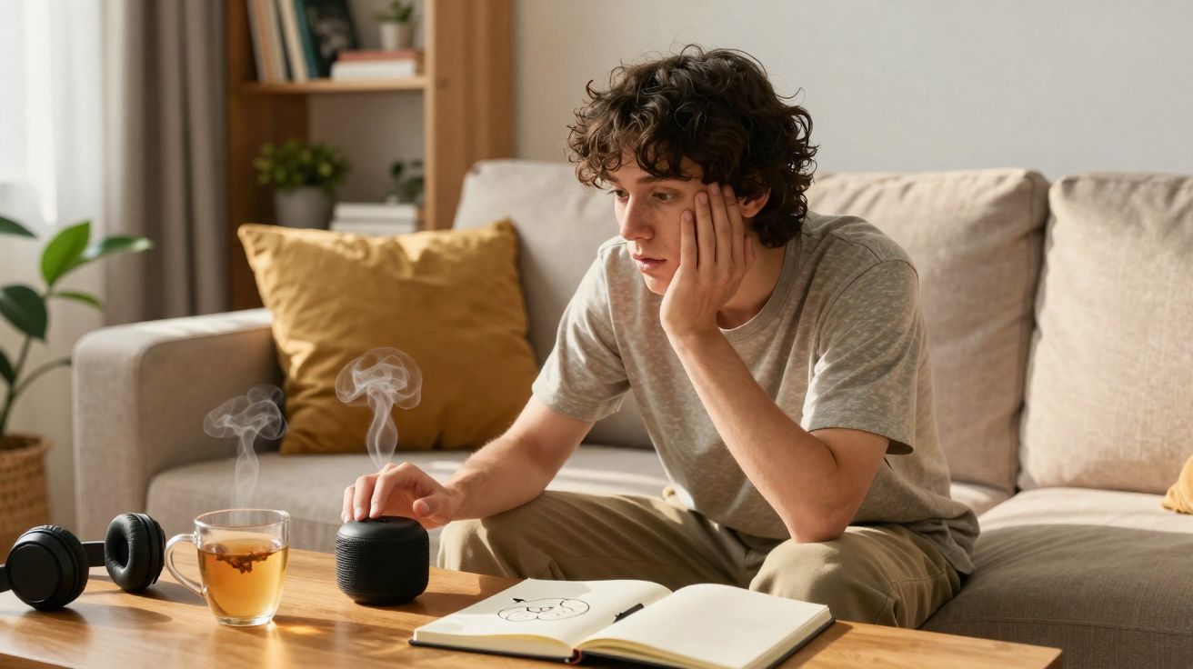 Jovem sentado no sofá com chá, auscultadores e caderno aberto numa mesa de madeira à frente.