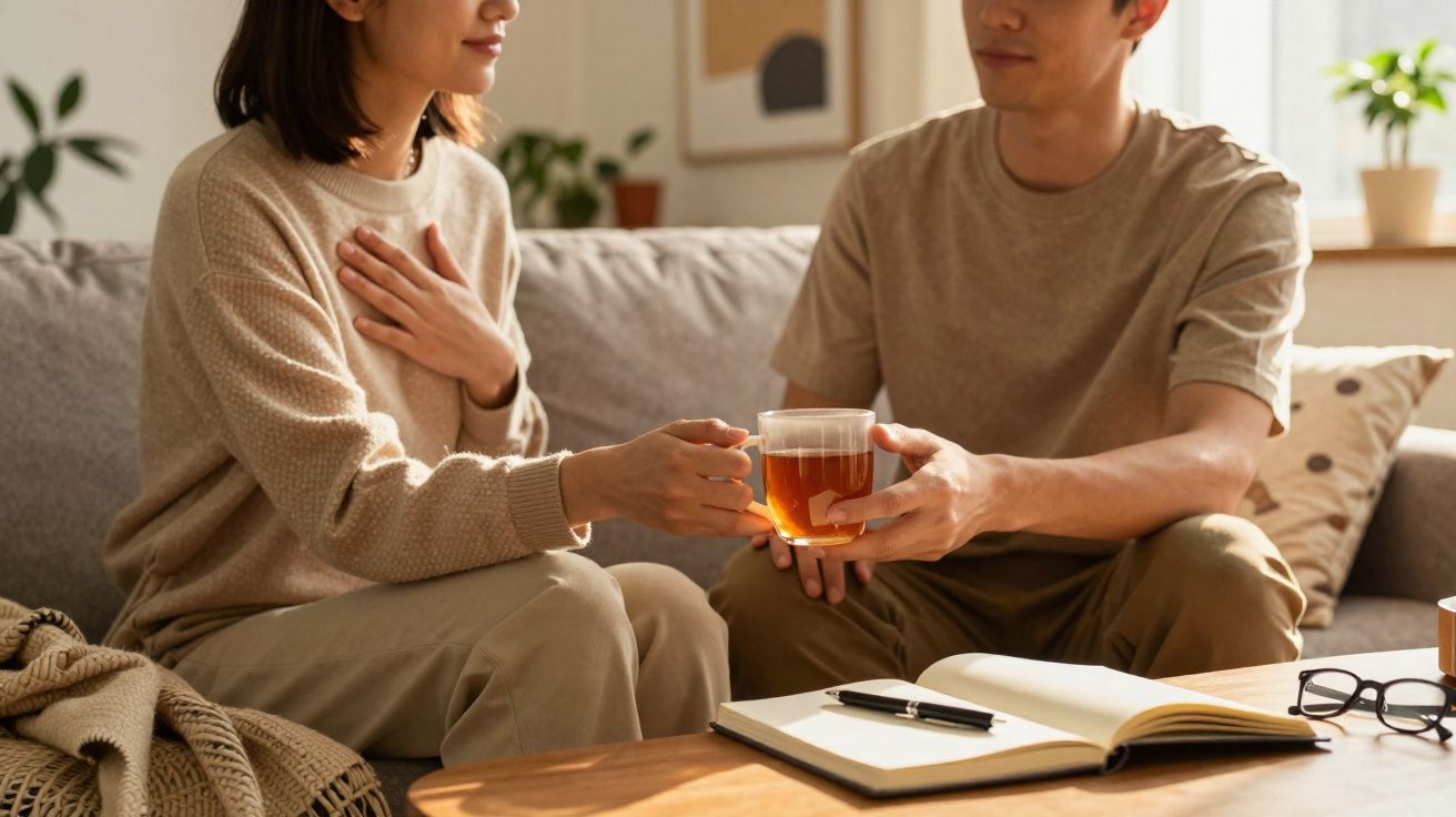 Duas pessoas sentadas no sofá, uma entrega chá à outra num ambiente acolhedor e descontraído.