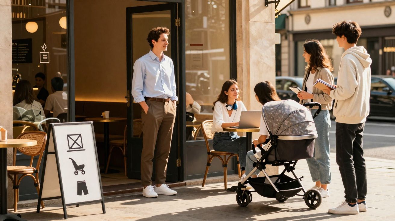 Grupo de jovens reunidos à porta de café com carrinho de bebé numa rua urbana iluminada pelo sol.