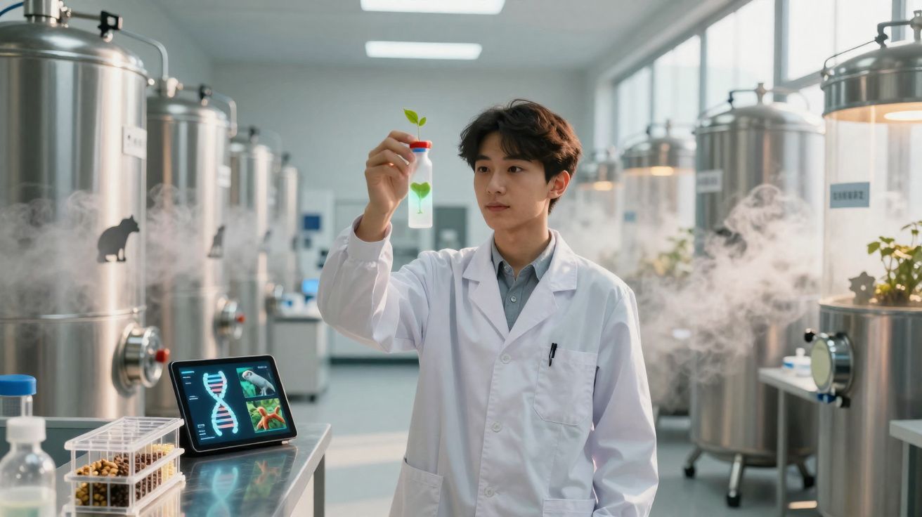 Cientista jovem numa sala de laboratório analisa planta num tubo de ensaio com equipamento avançado.