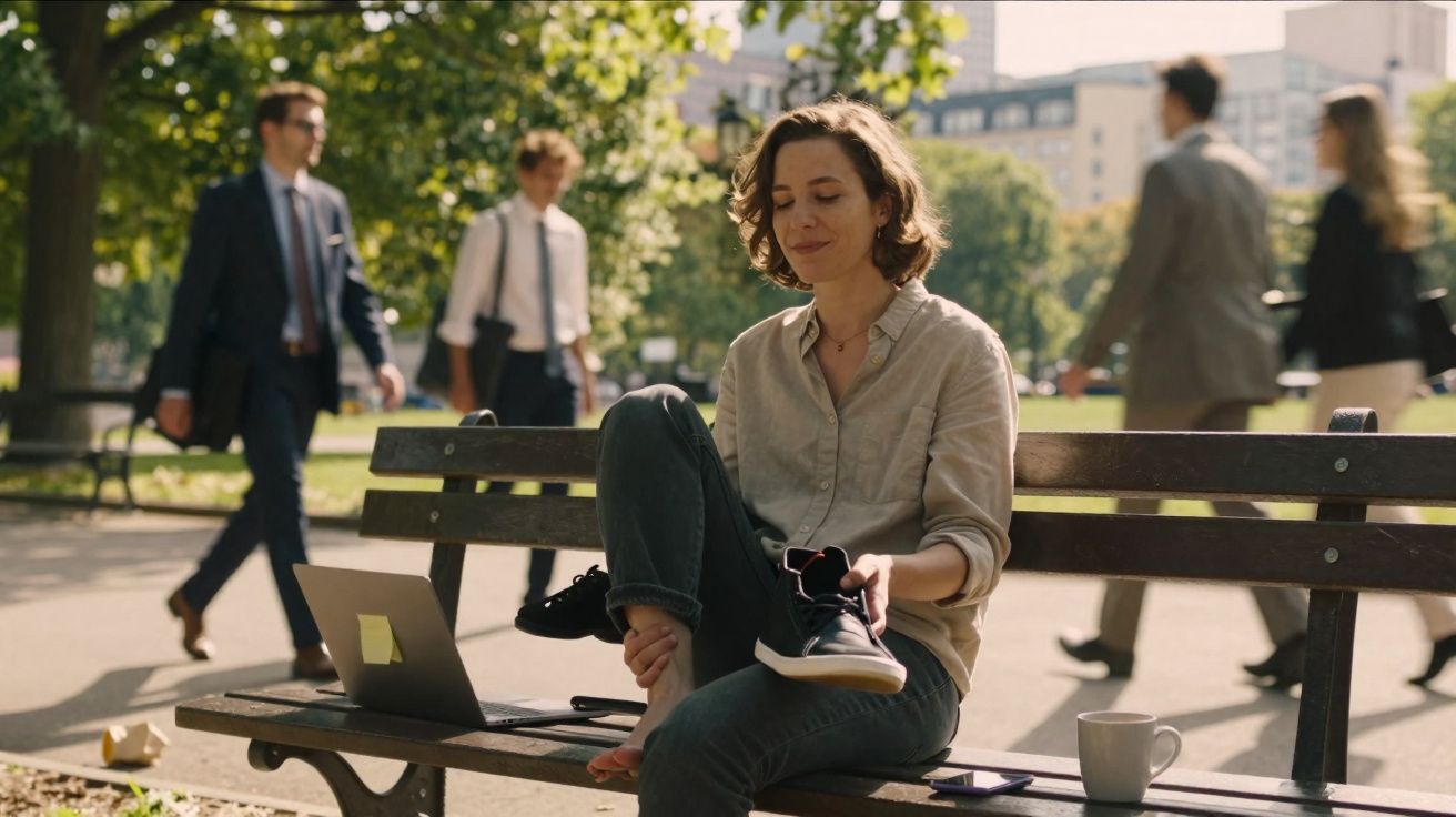 Mulher sentada num banco de parque, tirando os sapatos e sorrindo com computador e chá numa manhã ensolarada.