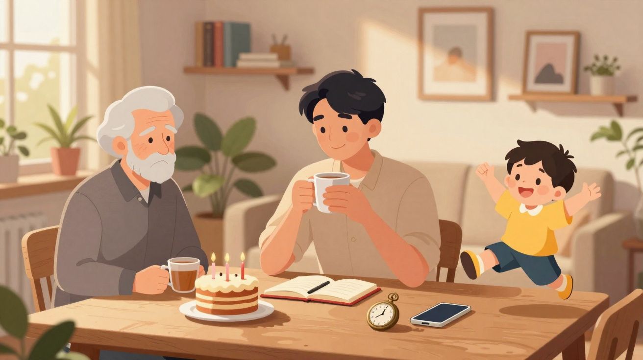 Três gerações de homens sentados à mesa com bolo de aniversário e chá numa sala acolhedora e iluminada.