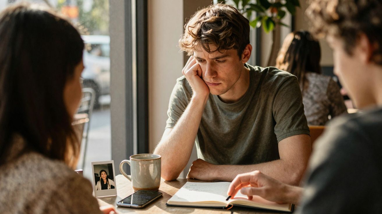 Jovem pensativo sentado à mesa a ler um livro, com duas pessoas à sua volta num café iluminado.