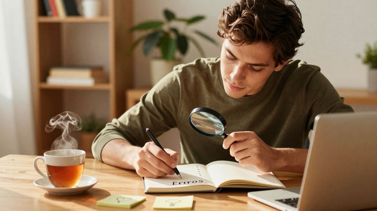 Jovem sentado à secretária, com lupa na mão, corrige erros num caderno, ao lado de chá quente e portátil.