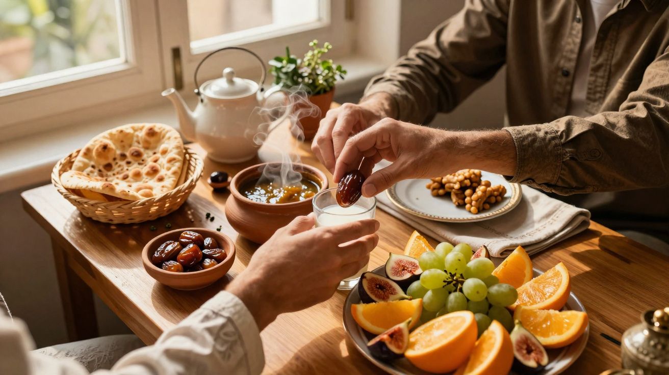 Mesa com chá quente, tâmaras, pão pita, frutas frescas e duas pessoas a partilharem a refeição.