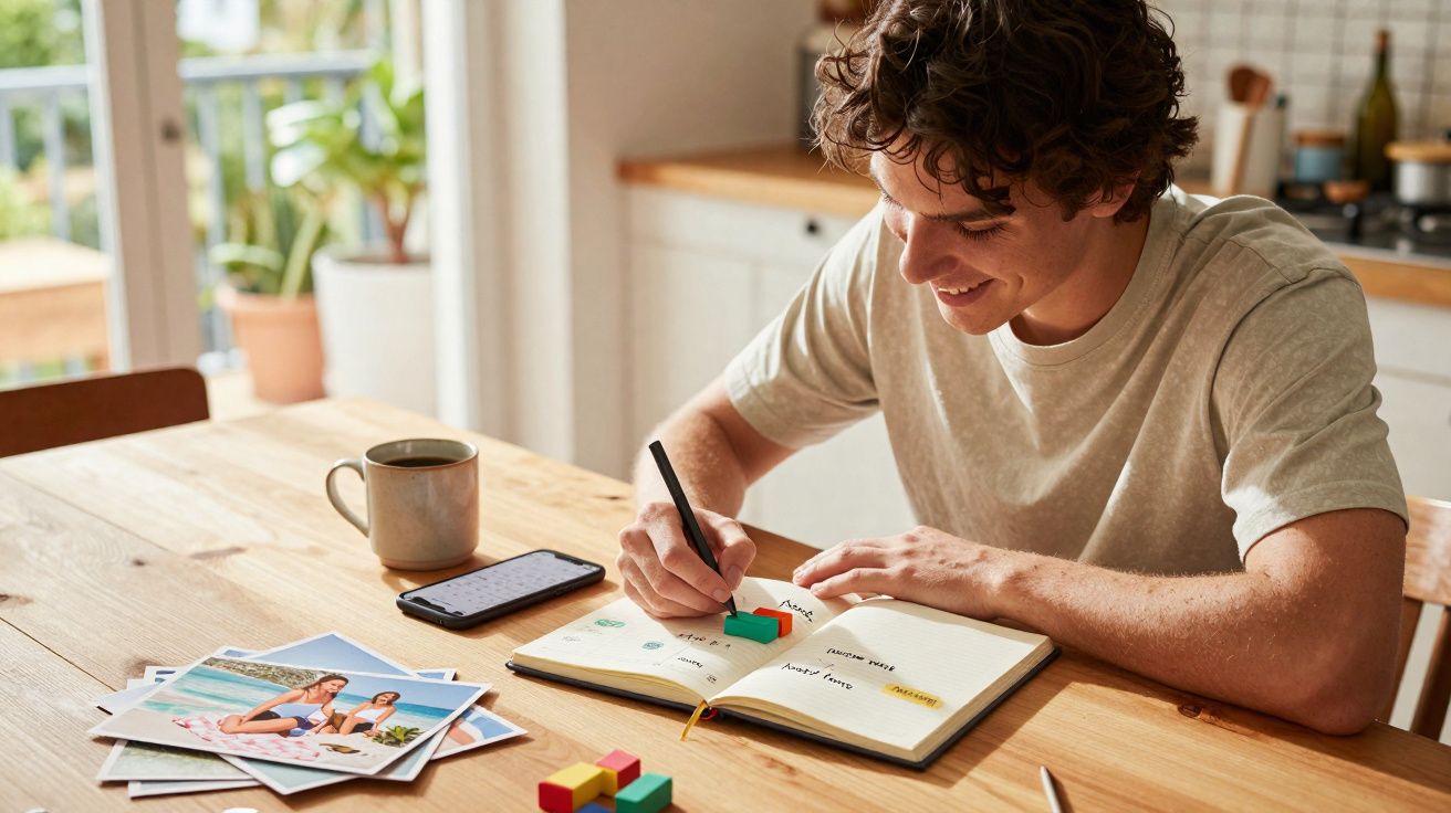 Jovem sentado à mesa a planear férias com caderno, fotos, telemóvel e chá num ambiente luminoso e acolhedor.