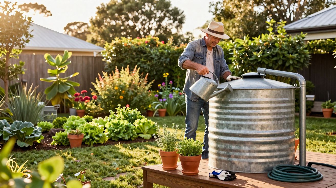 Homem de chapéu rega plantas num jardim ao pôr do sol com regador e depósito de água metálico.