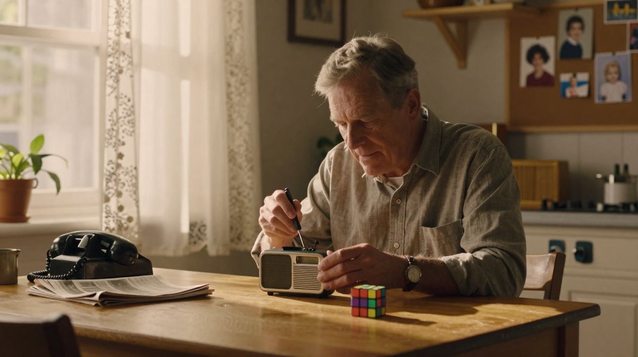 Homem idoso a reparar rádio antigo numa mesa de madeira com cubo de Rubik, telefone e jornais.