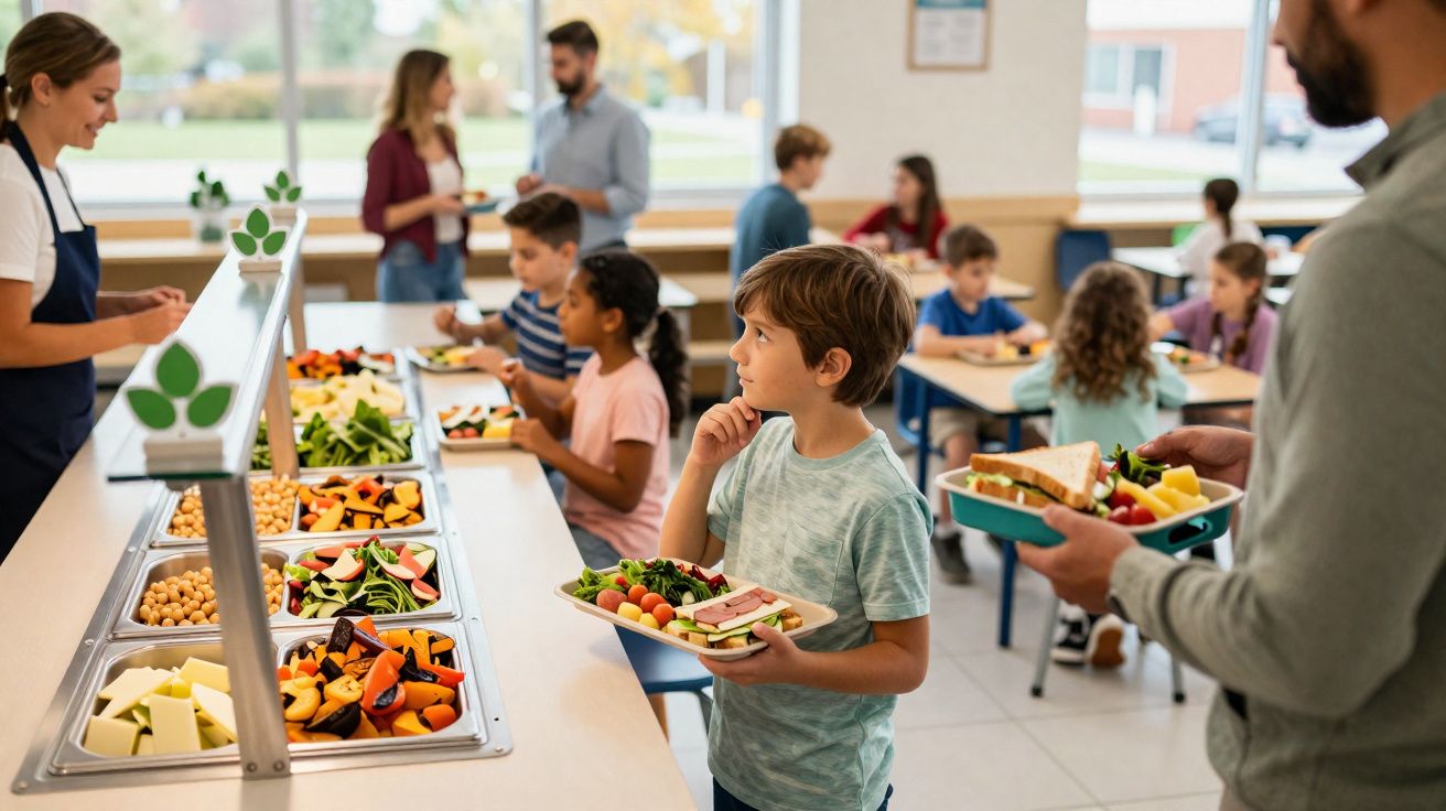 Crianças e adulto servem-se de comida saudável numa cantina escolar luminosa e movimentada.