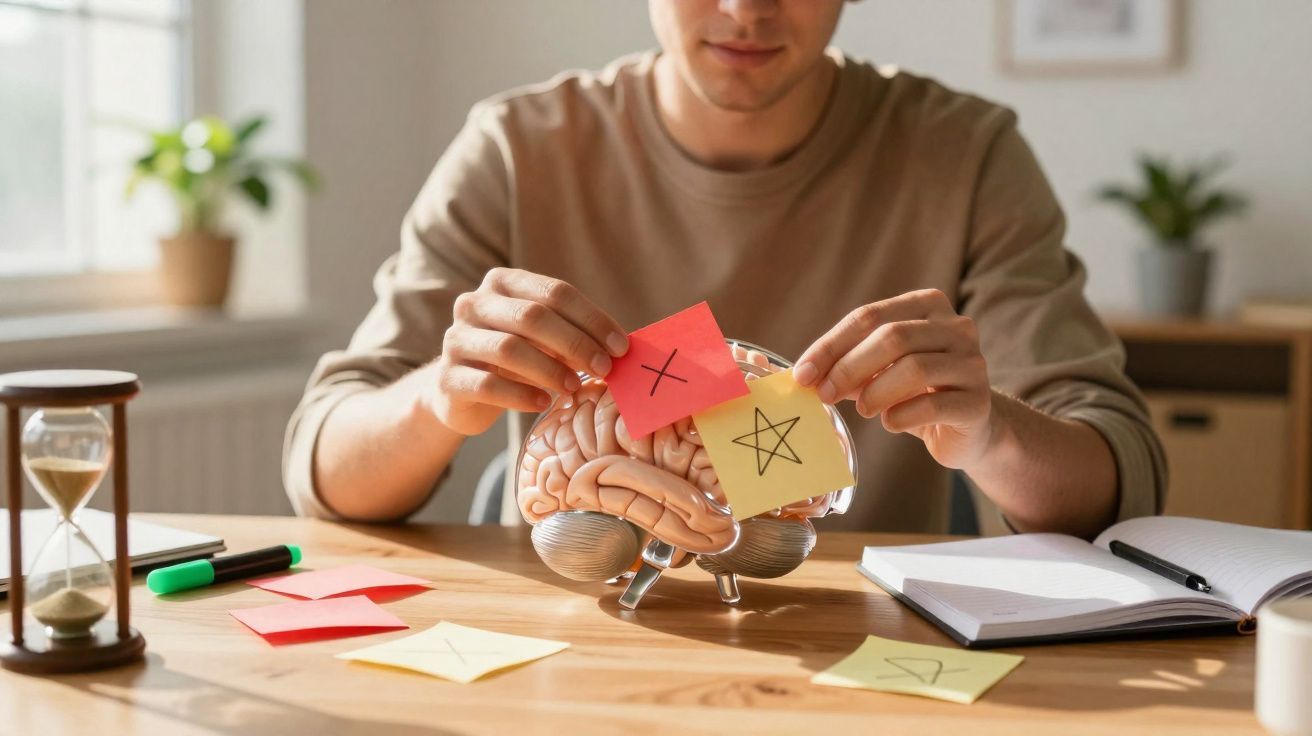 Pessoa a colocar notas com símbolos num modelo anatómico do cérebro numa mesa de escritório.