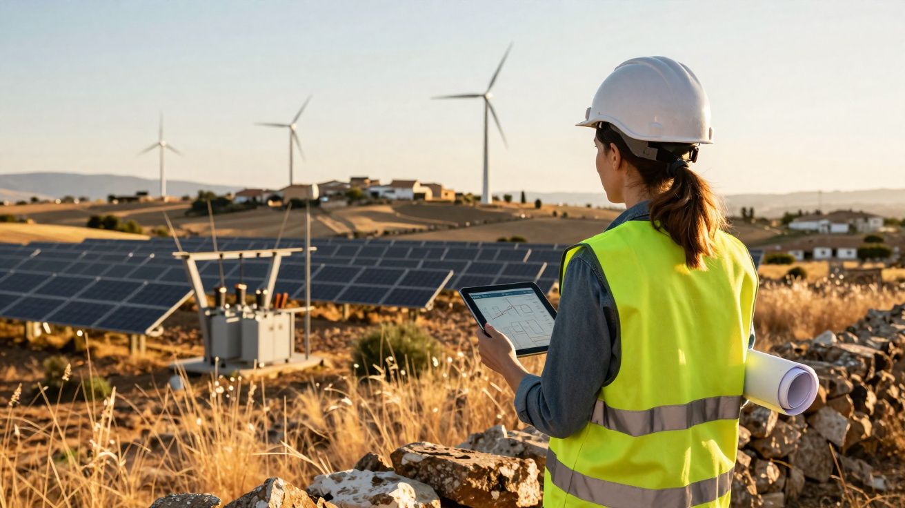 Engenheira com colete e capacete verifica painel solar e turbinas eólicas em campo rural ao pôr do sol.