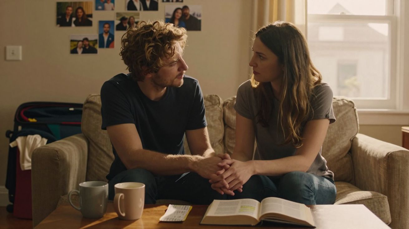 Homem e mulher sentados no sofá, de mãos dadas, com livro aberto e duas canecas na mesa à frente.
