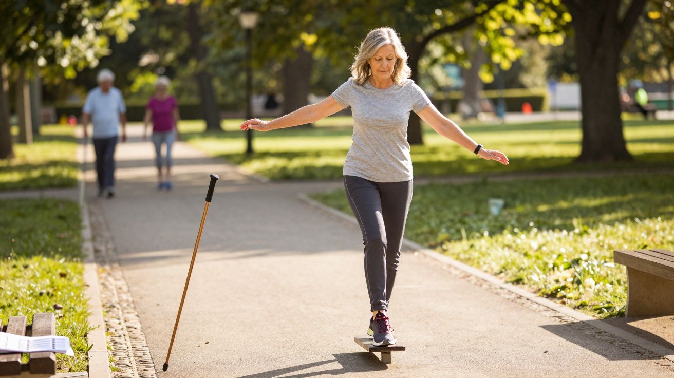 Mulher idosa em parque a equilibrar-se numa prancha de madeira enquanto caminha num caminho.