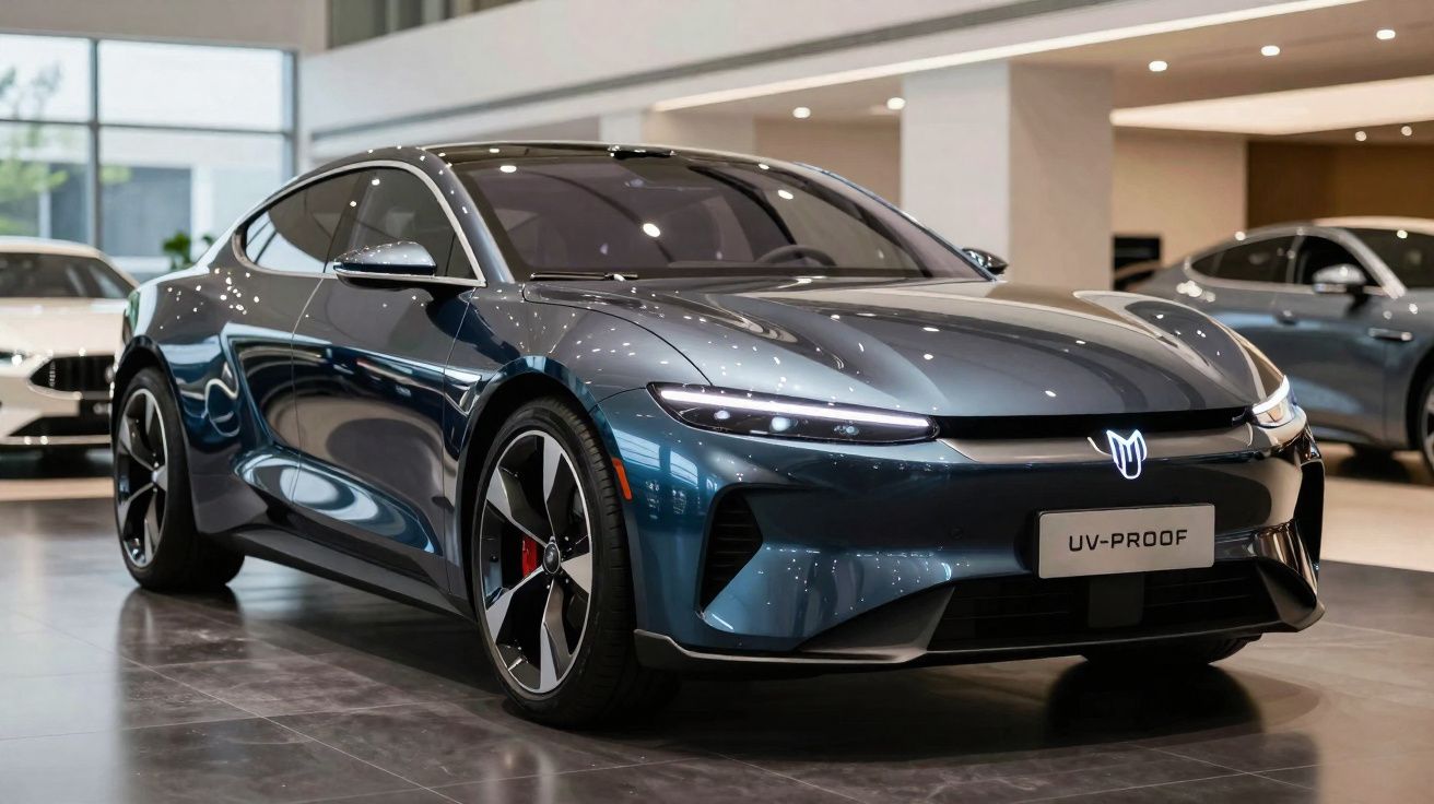 Carro eléctrico desportivo azul escuro UV-Proof em exposição numa sala iluminada.