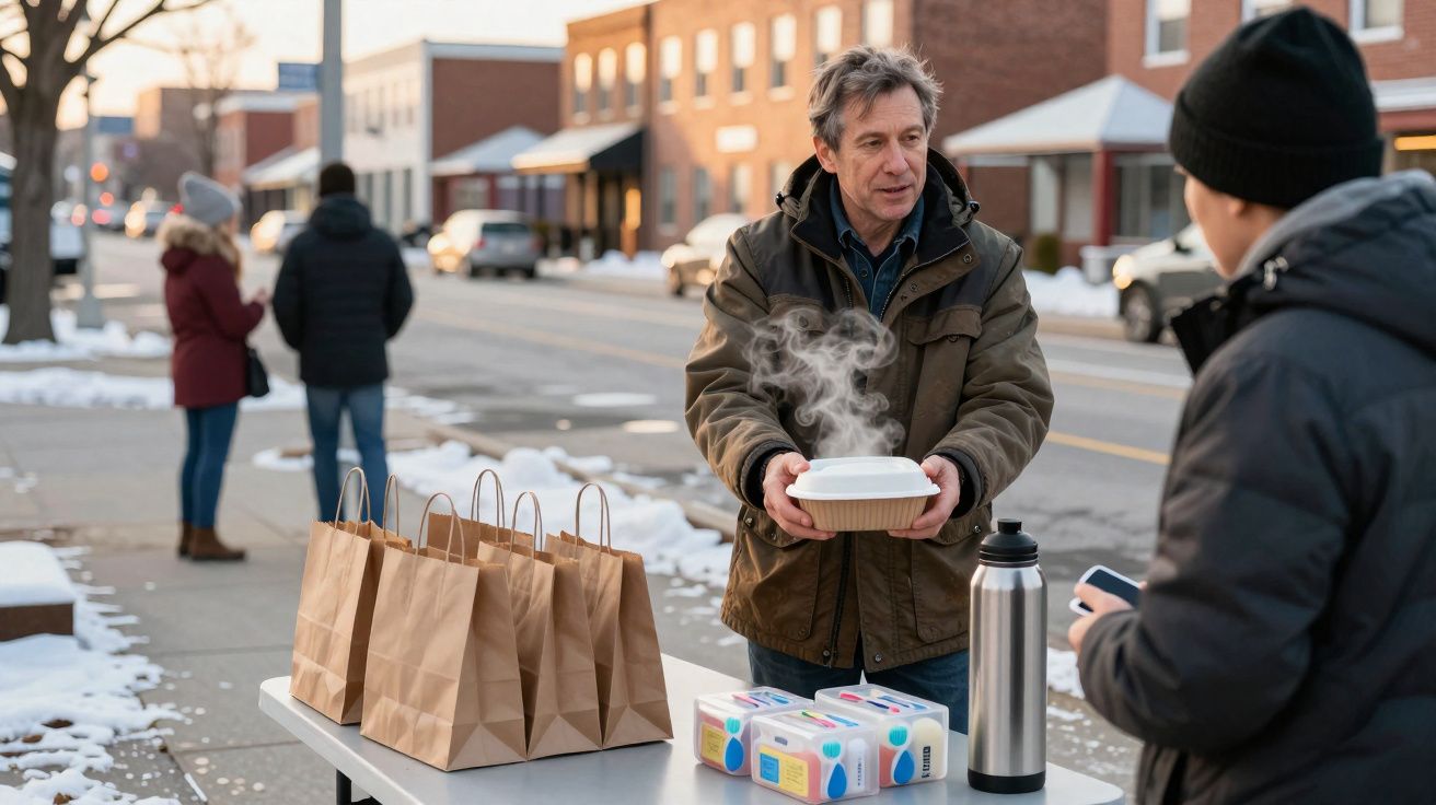 Homem a doar comida quente numa embalagem descartável numa rua com neve e sacos de papel numa mesa.