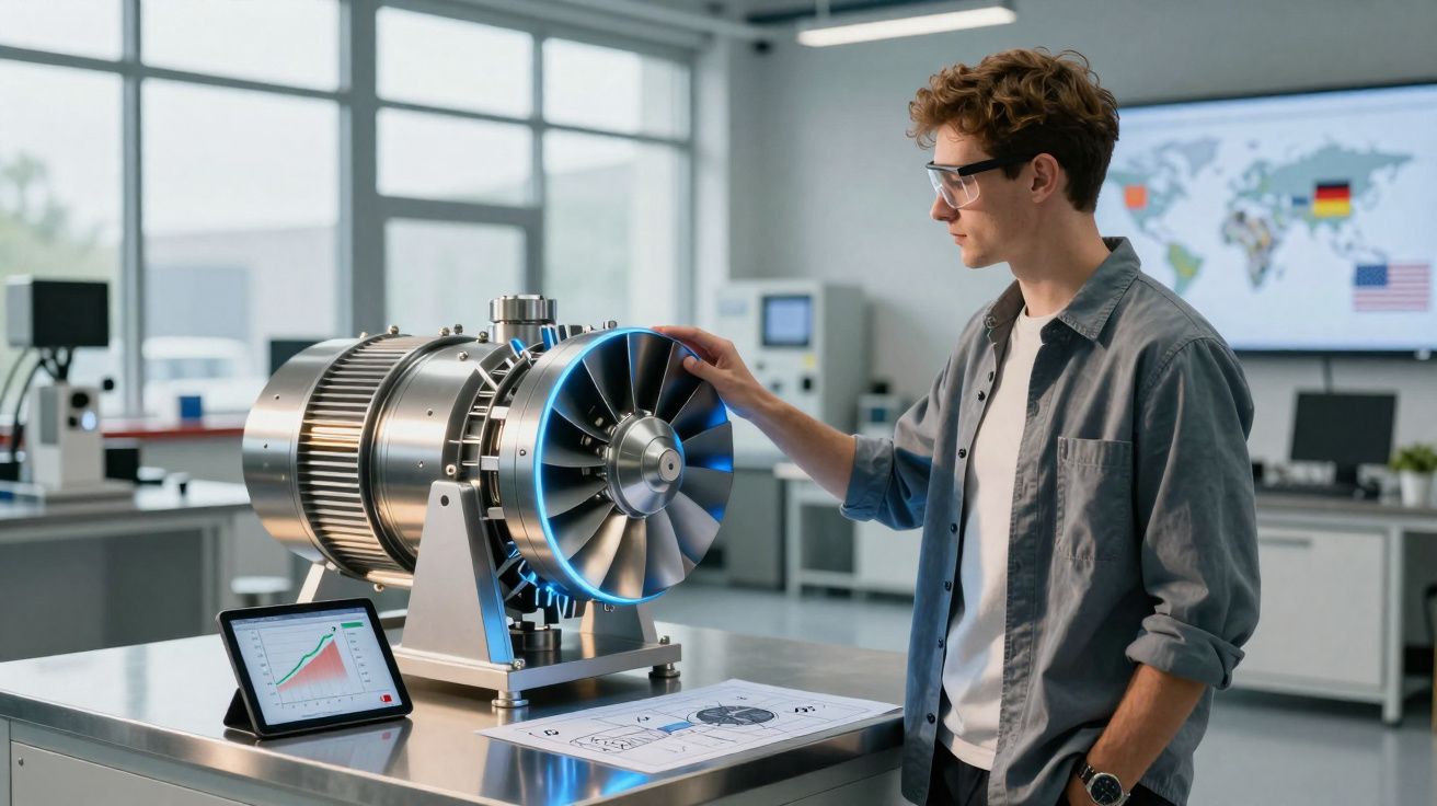 Engenheiro jovem analisa motor elétrico experimental numa oficina moderna com gráficos e planos na mesa.