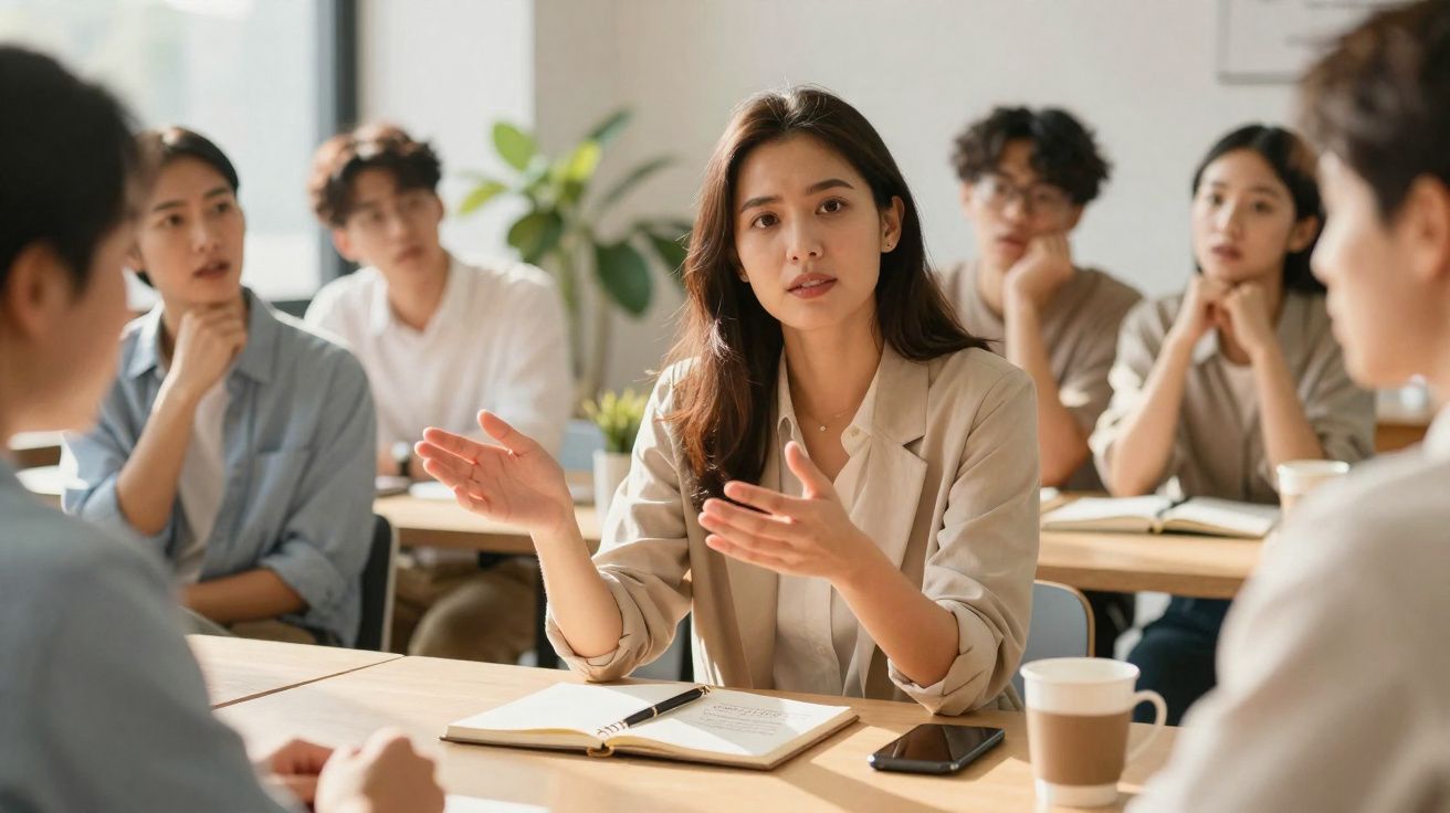 Jovem mulher a explicar algo durante reunião de equipa num escritório moderno e iluminado.