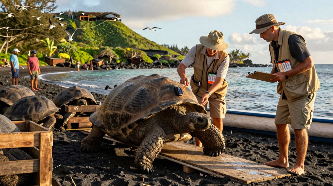 Equipa de investigadores a examinar uma tartaruga gigante numa praia de areia preta.