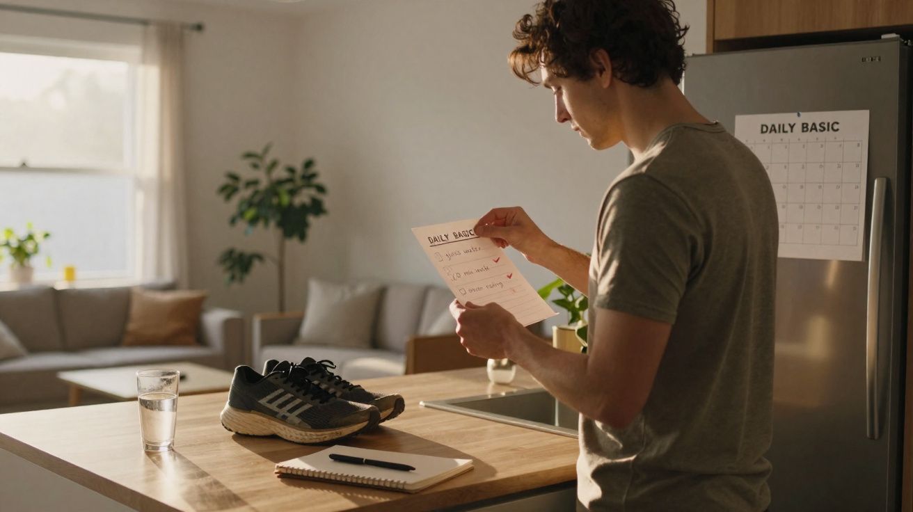 Homem a ler lista de tarefas diárias na cozinha com ténis, caderno e copo de água sobre o balcão.
