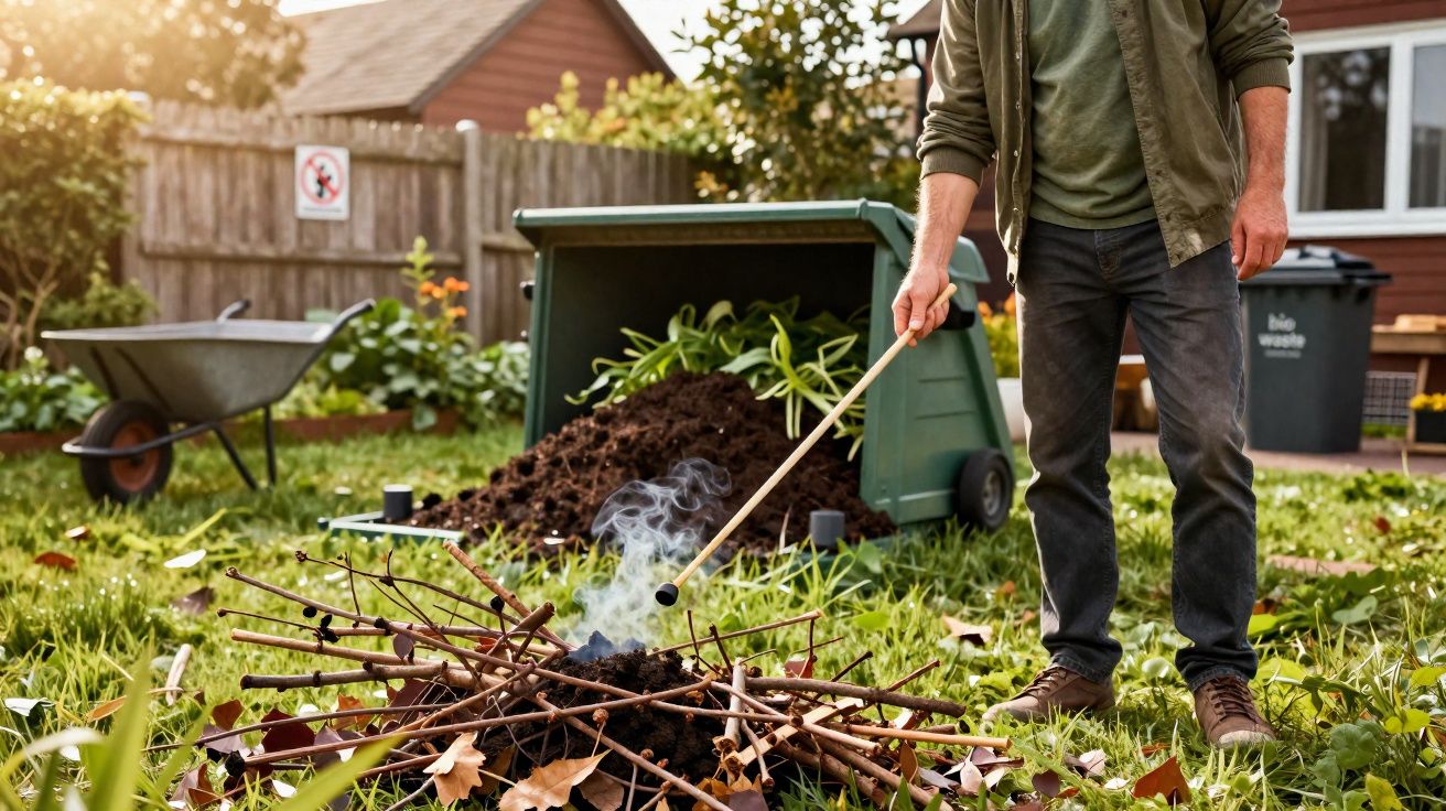 Pessoa a queimar ramos e folhas secas num jardim, com compostor aberto ao fundo.