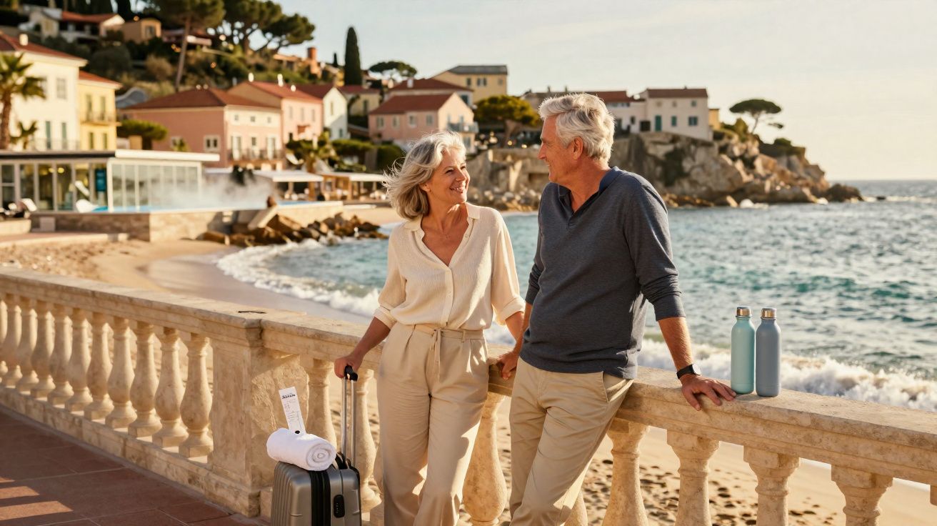 Casal sénior sorridente com mala a passear junto à praia e casas coloridas ao fundo ao pôr do sol.