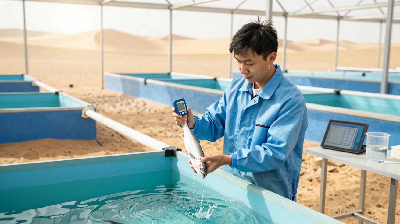 Homem numa instalação de aquacultura com casaco azul, segurando peixe e equipamento de medição junto a tanques de água.