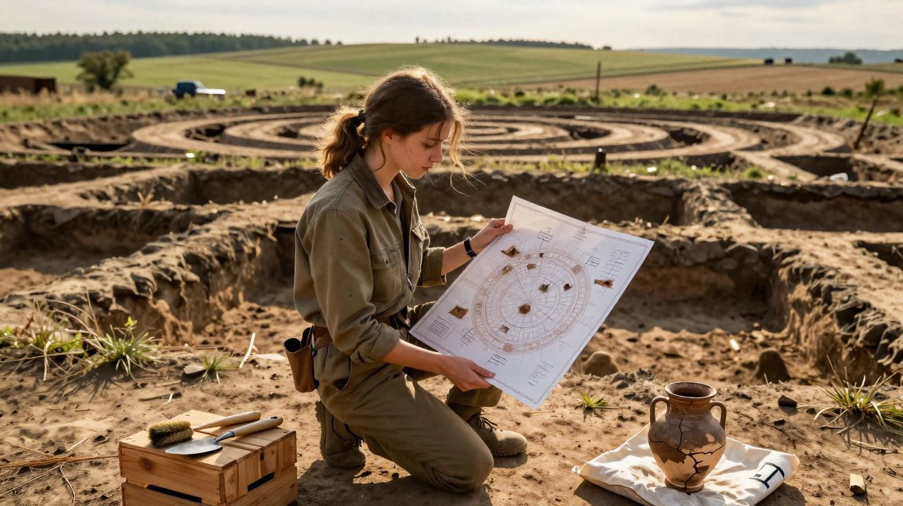 Mulher arqueóloga examina planta em escavação arqueológica com utensílios e vaso antigo partido.