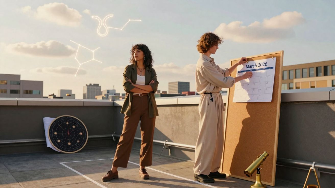 Duas pessoas no terraço, uma com calendário de março 2026 e símbolos astrológicos ao fundo ao pôr do sol.