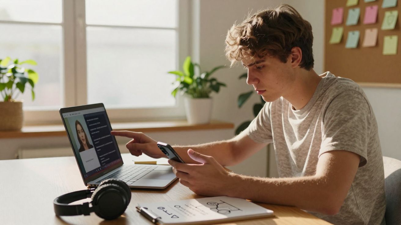 Jovem sentado à mesa usando portátil e smartphone, com caderno e auscultadores perto, em ambiente luminoso.