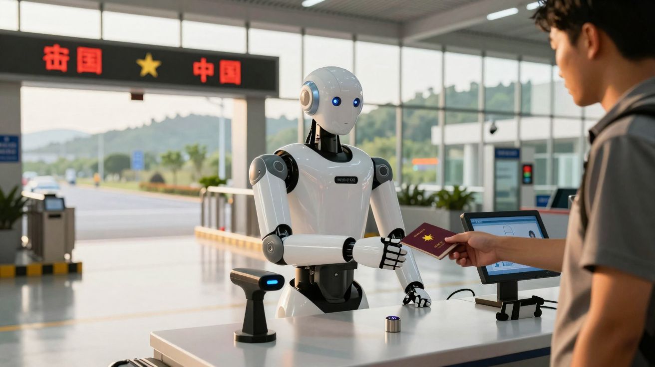 Robô no controlo de fronteiras a receber passaporte de um homem numa estação moderna.