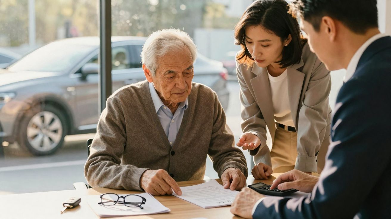 Idoso a assinar documentos com ajuda de dois profissionais num escritório com grandes janelas.