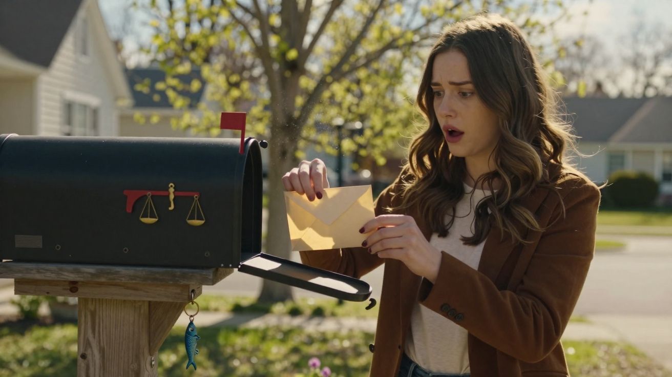 Mulher surpreendida a retirar envelope do correio numa caixa postal preta numa rua residencial.