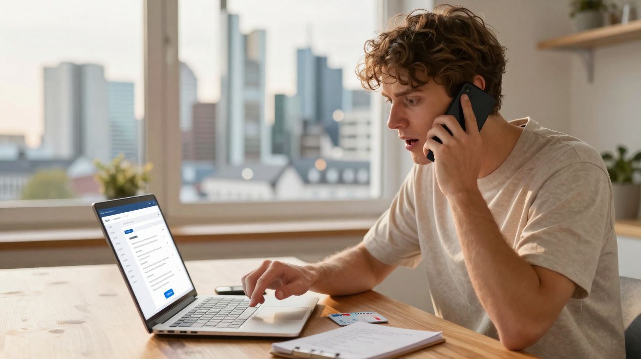 Homem jovem a falar ao telefone enquanto usa laptop num espaço com vista para a cidade.