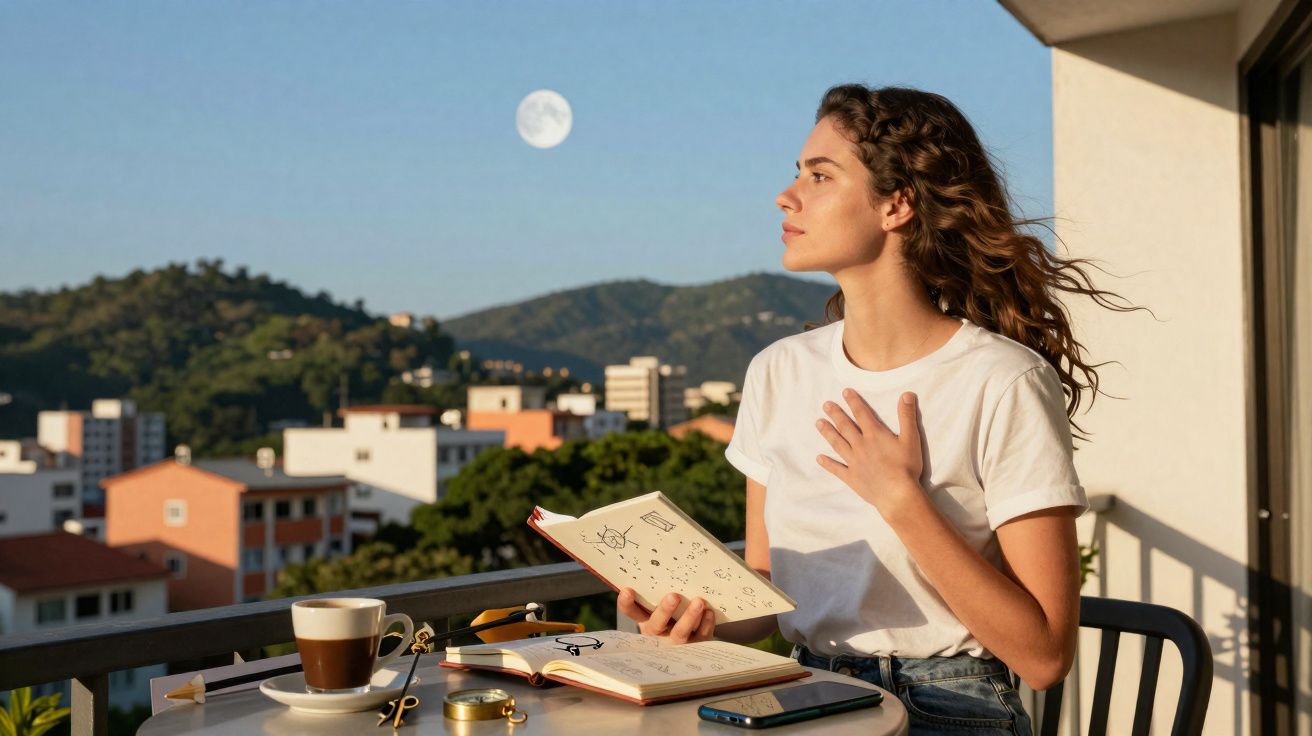 Mulher sentada numa varanda ao entardecer, segurando caderno, com chá na mesa e montanhas ao fundo.