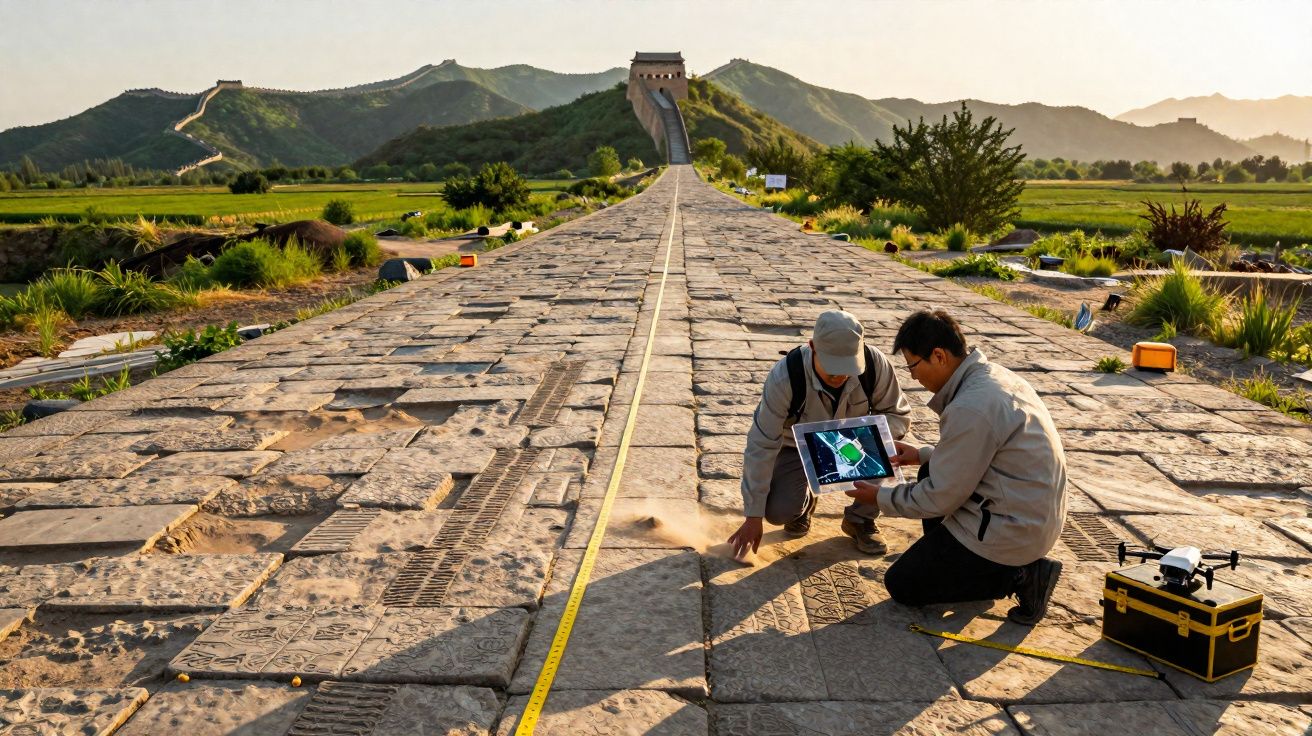 Dois investigadores analisam dados numa tablet junto à muralha antiga, rodeados por vegetação e montanhas ao fundo.