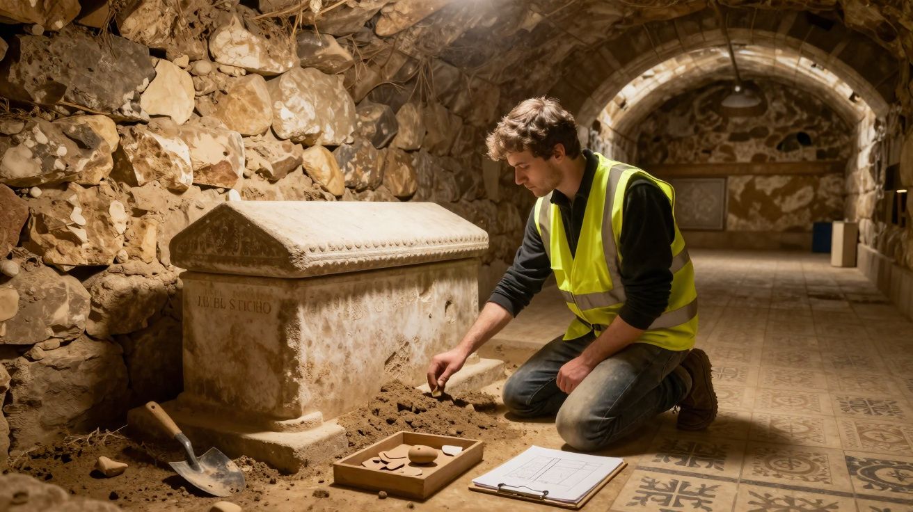 Arqueólogo em colete refletor investiga artefactos junto a sarcófago num túnel de pedra com piso decorado.