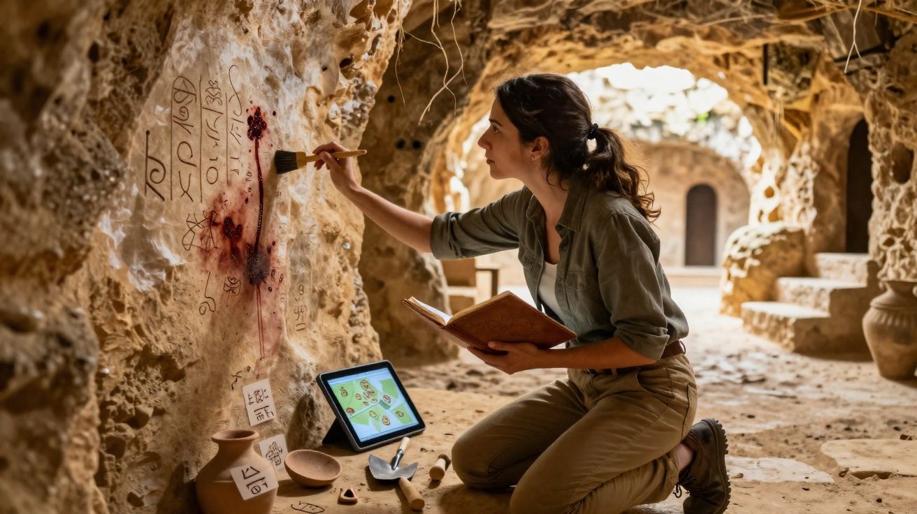 Mulher a estudar inscrições antigas numa caverna, com livro e tablet para referência.