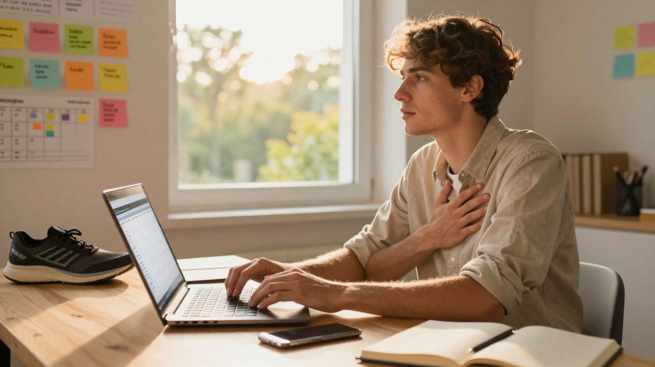 Jovem sentado numa secretária a trabalhar num portátil com uma mão no peito, rodeado de material de estudo.
