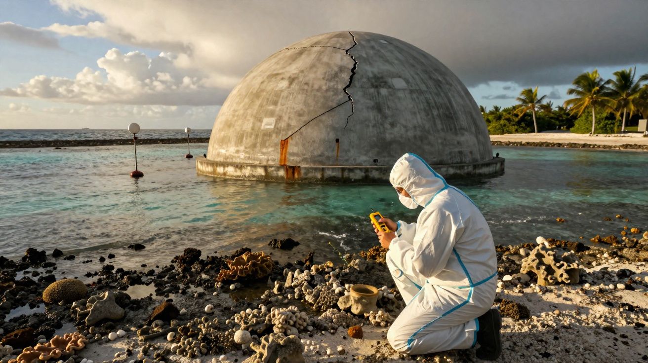 Pessoa vestida com fato de proteção a recolher amostras junto a cúpula de concreto rachada em ilha costeira.
