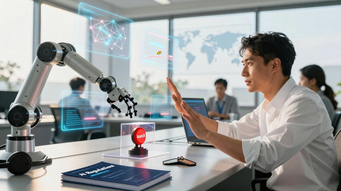 Homem interagindo com braço robótico e interface holográfica num escritório moderno.