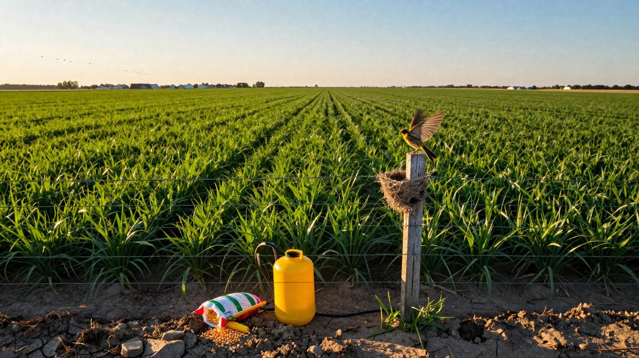Campo agrícola verde com plantas alinhadas, pássaro a pousar num ninho em poste e utensílios agrícolas no solo.