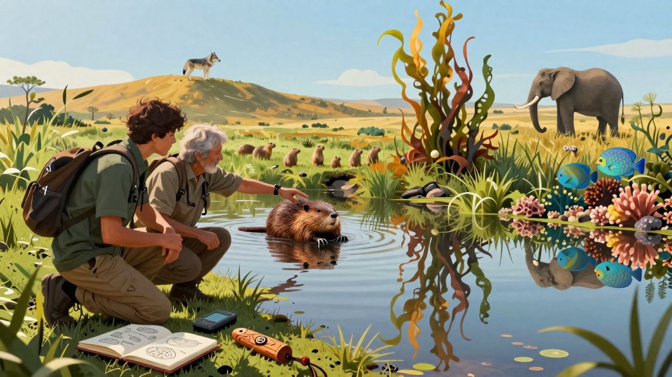 Duas pessoas observam uma lontra na água, rodeadas por animais selvagens e paisagem natural africana.