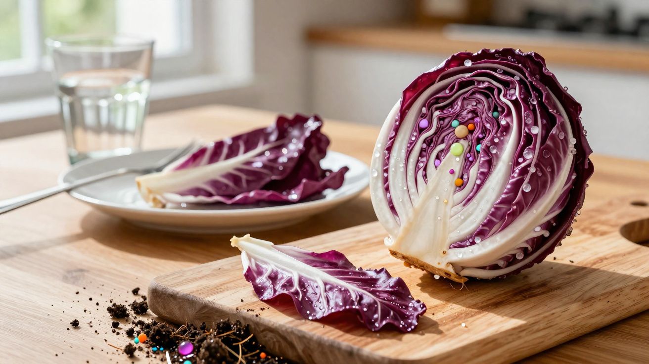 Couve roxa cortada com confeitos coloridos e pérolas sobre tábua de madeira numa cozinha iluminada.