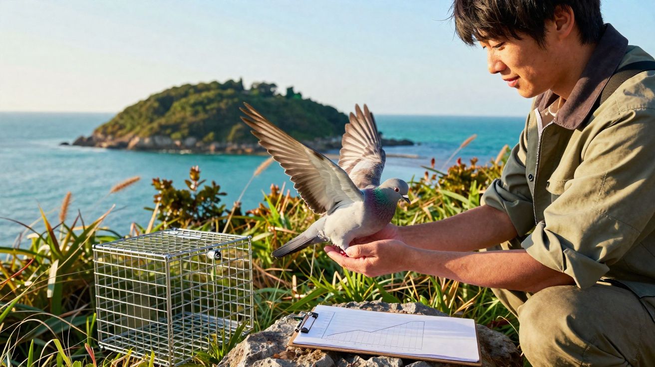 Homem libertando pombo junto ao mar com ilha ao fundo, gaiola metálica e prancheta sobre pedra.