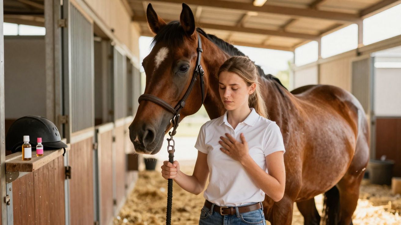 Jovem com mão no peito ao lado de cavalo castanho numa estrebaria iluminada e organizada.