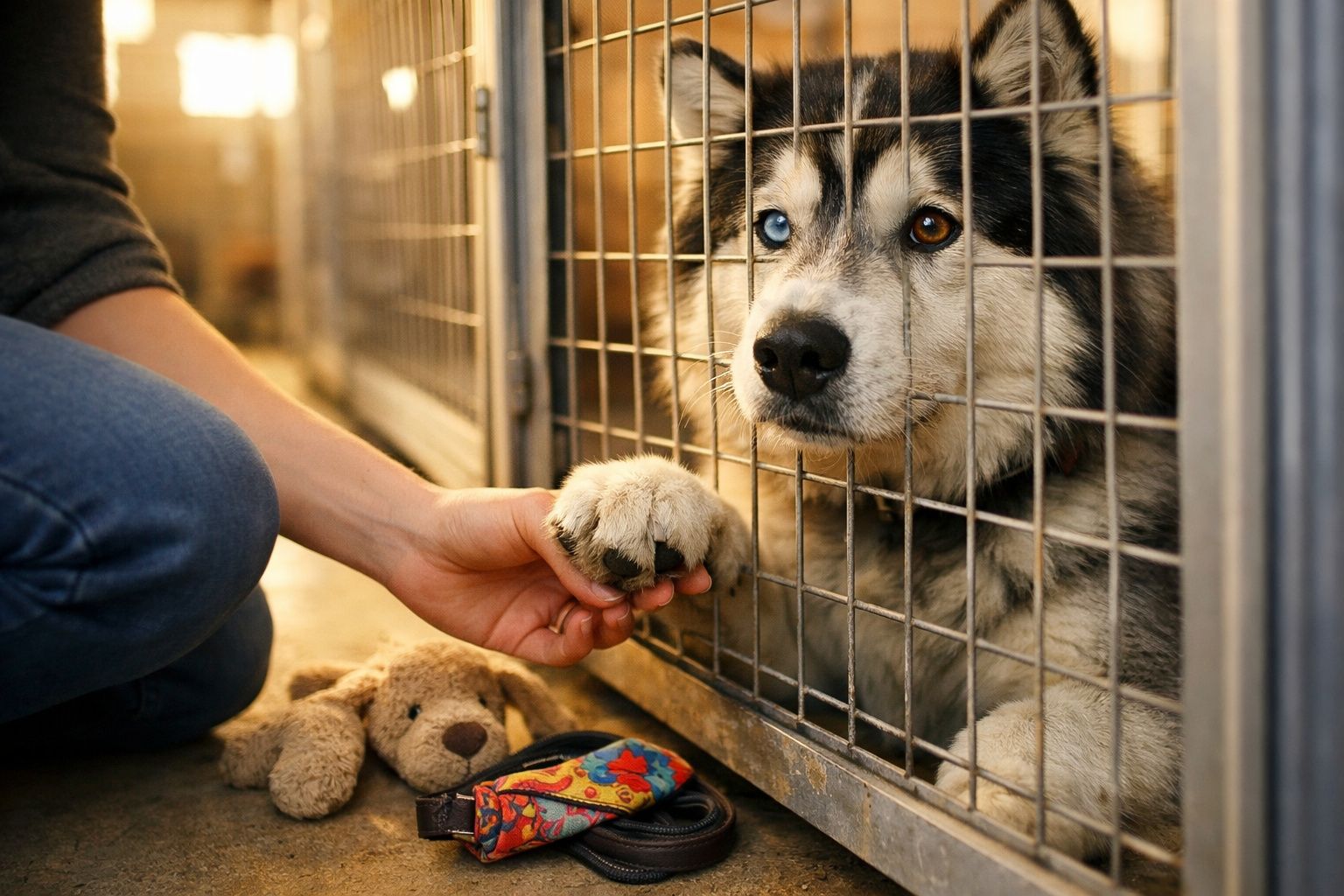 Cão num canil a segurar a pata dada por uma pessoa, junto a um brinquedo de peluche.